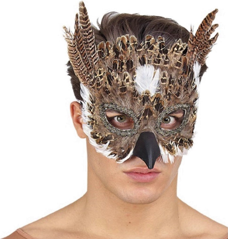 Eulenmaske Uhu Augenmaske mit Federn